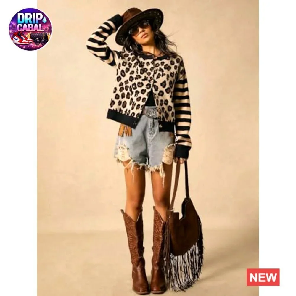 Leopard Print Striped Cardigan Drop Shoulder Knit Top Y2K Chic Oversized